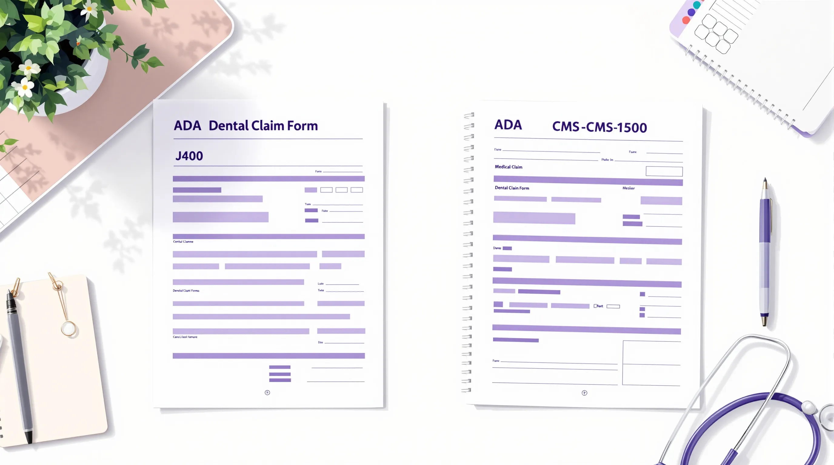 Side-by-side comparison of ADA dental claim form J400 and CMS-1500 medical claim form used in cross-billing