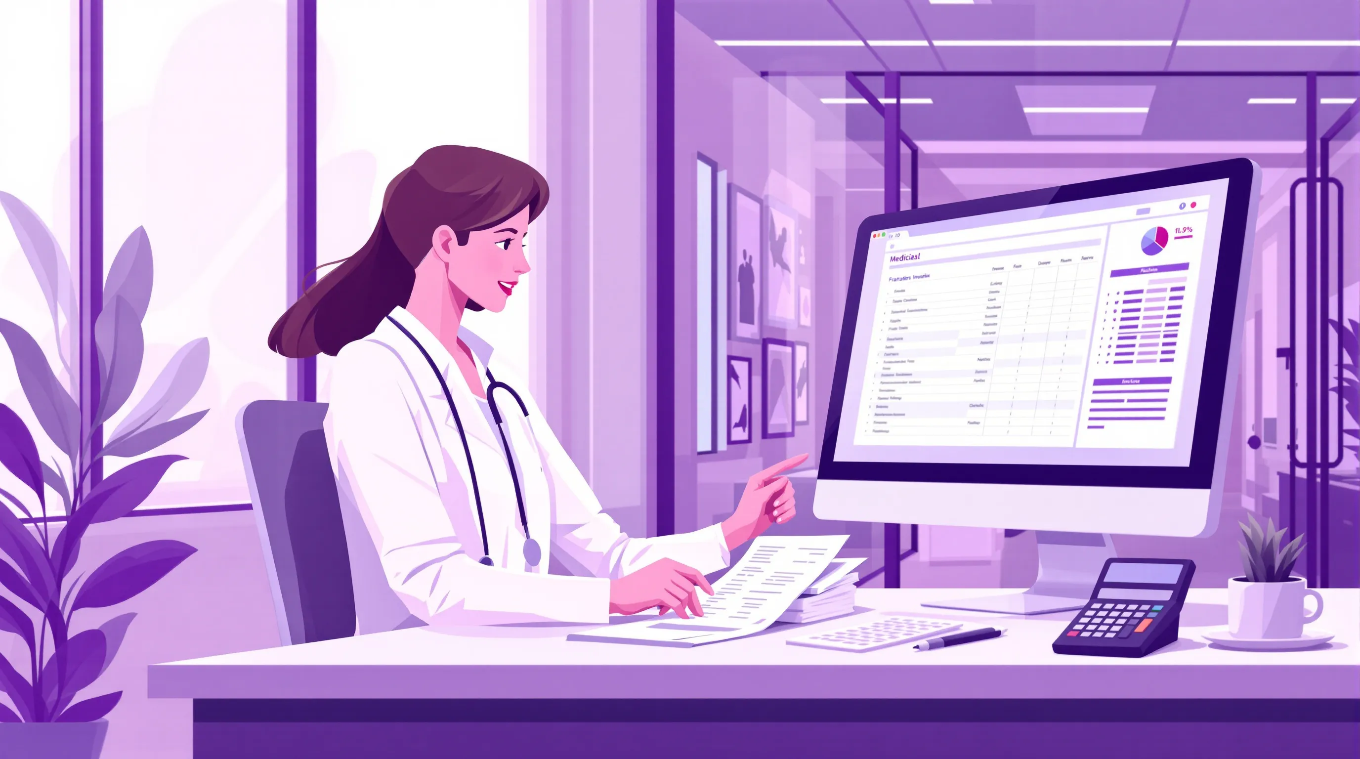 Healthcare administrator reviewing financial reports and billing documents at a medical practice desk