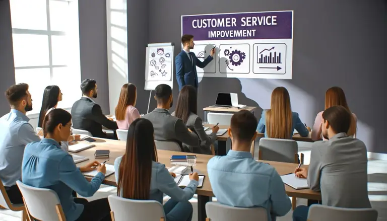 DALL·E 2024 05 16 23.47.33 A customer service training session with employees attentively listening and taking notes. The room is equipped with a projector displaying a present 1024x585 1