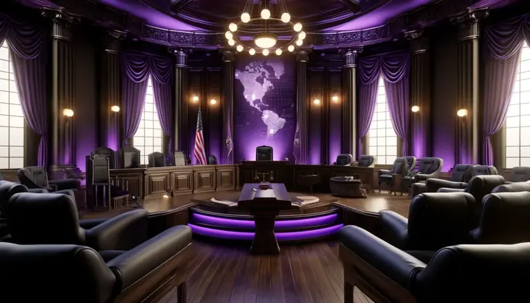 DALL·E 2024 04 18 21.00.34 A sophisticated courtroom setting with a purple theme highlighting the global impact of legal outsourcing. The room features a grand judges bench w 1024x585 1