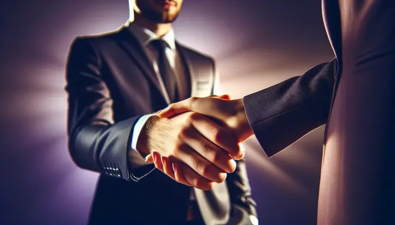 DALL·E 2024 04 18 21.00.37 A close up of a handshake between two Caucasian business professionals with a purple background. The individuals are dressed in professional attire 1024x585 1
