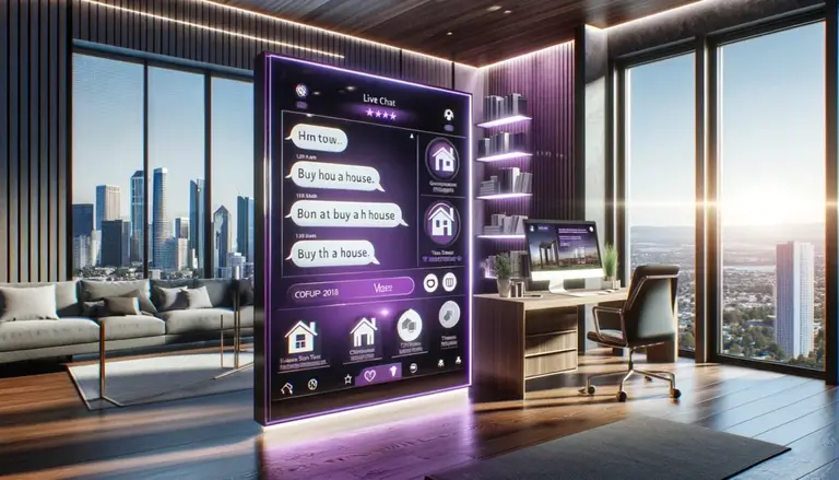 DALL·E 2024 06 11 23.46.39 A modern real estate business office with a sleek and professional design featuring a live chat interface on a large screen. The color scheme is pred 1024x585 1