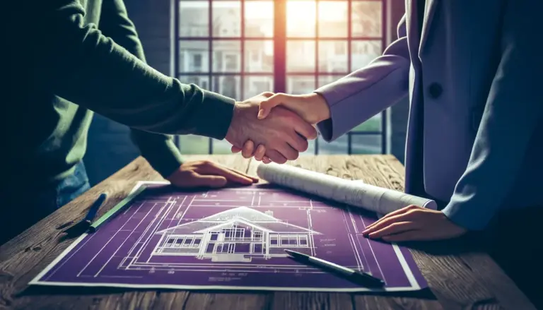 DALLE 2024 04 17 20.47.11 A close up of a handshake between a homeowner and a contractor symbolizing agreement with a house blueprint spread out on a table below their hands 1