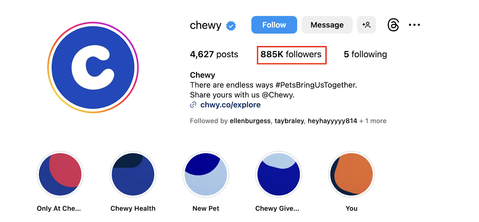 Chewy Instagram Profile. Does not outsource customer service.