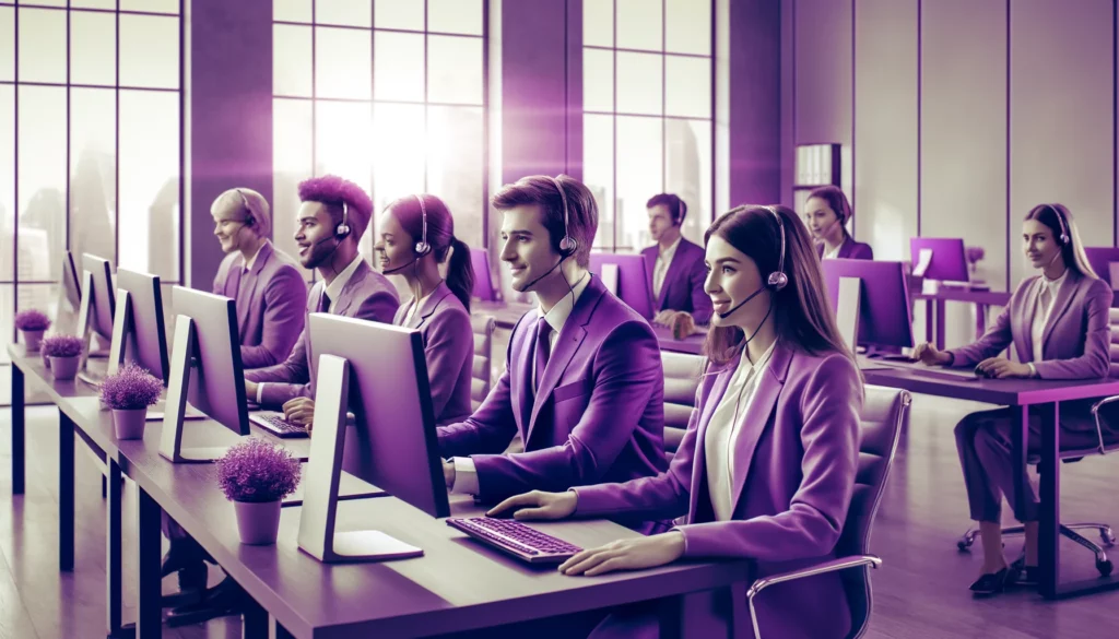 DALL·E 2024 04 12 00.24.54 A professional setting in a modern office with a diverse team of customer service agents predominantly Caucasian wearing purple professional attire