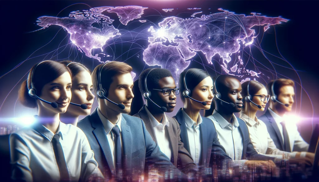 DALL·E 2024 04 12 01.10.47 A cinematic image of a diverse group of customer service representatives wearing headsets each from different ethnic backgrounds in a modern office