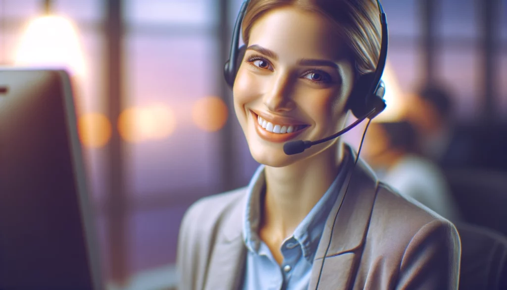 DALL·E 2024 04 12 01.14.21 A cinematic image portraying a friendly approachable customer service agent Caucasian smiling warmly as they assist a customer. The agent is wearin