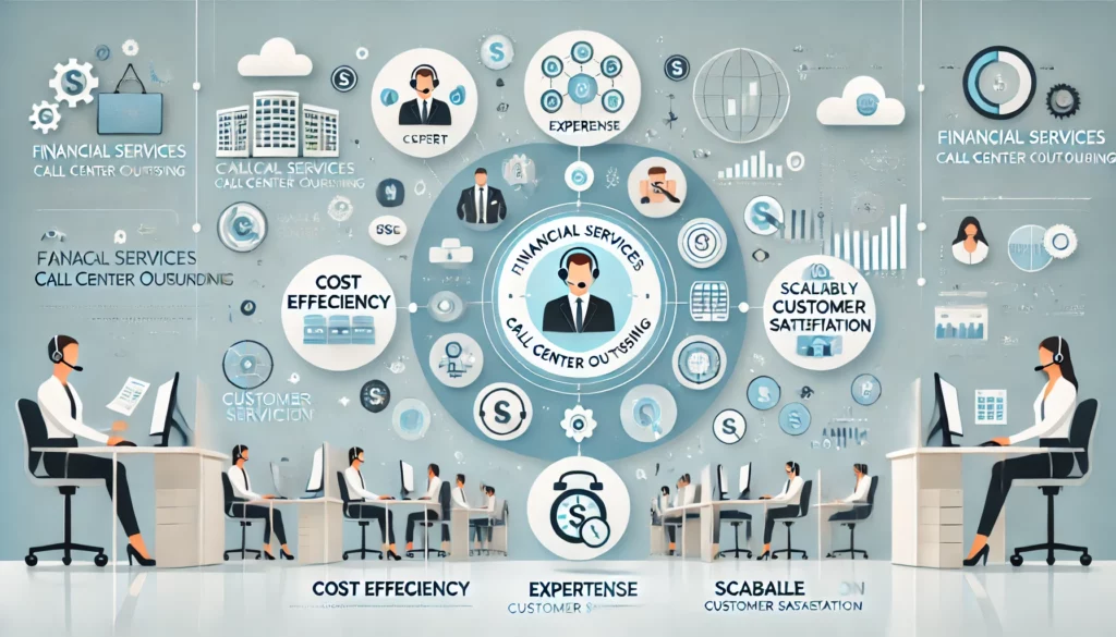 DALL·E 2024 10 13 21.59.58 A professional infographic style image showcasing the topic Financial Services Call Center Outsourcing. The visual layout should include icons repre