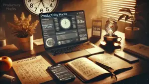 DALL·E 2024 10 24 21.34.21 A cinematic style image depicting productivity hacks. A modern desk setup with a laptop displaying productivity software a sleek notebook open with n 1 1